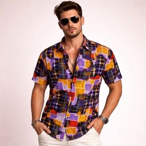 NEW ZINC CLOTHING - Men's  Short Sleeve Patchwork Button-Down Silky Shirt